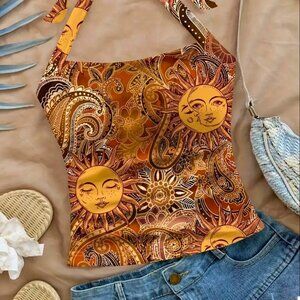 NWOT Golden Sun Paisley Halter Tankini Top Swimsuit, Unlined, Size L
